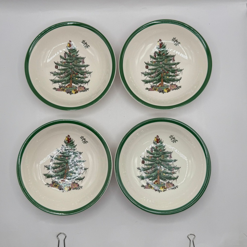Spode Christmas Tree Cereal Bowls Set of 4 6.25in Green Rim Made in England